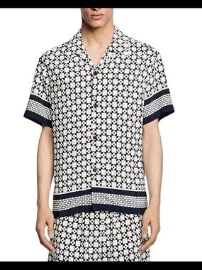 Sandro square cross motif Black & White Geometric Short Sleeve Button-Down Shirt